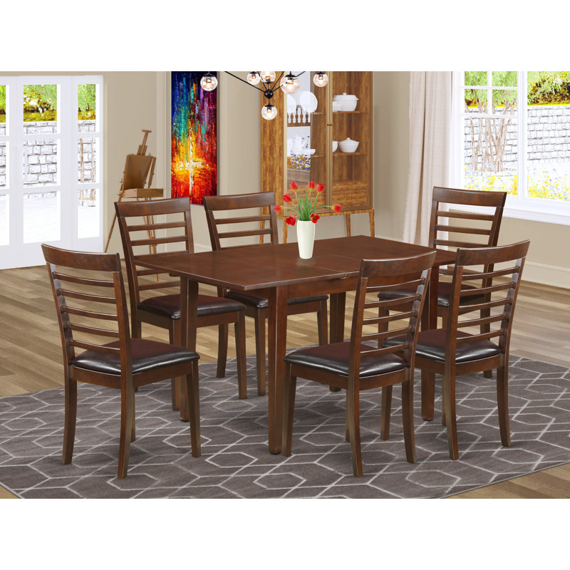 7 Piece Dining Table Set Consist of a Rectangle Dinner Table with Butterfly Leaf and 6 Faux Leather Dining Room Chairs, Mahogany