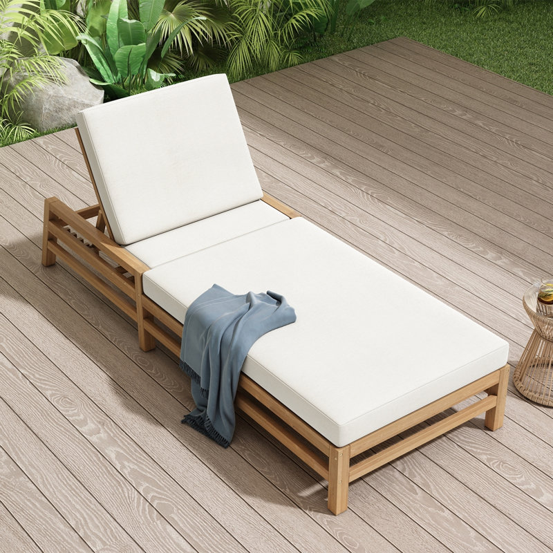 5-Position Solid Wood Adjustable Outdoor Chaise Lounge with Thick Cushions, 1, Light Teak