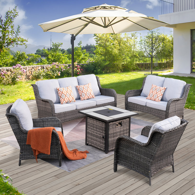 Klodjana Premium All-Weather Wicker 7 - Person Patio Conversation Set with Cushions, Gray, Gray