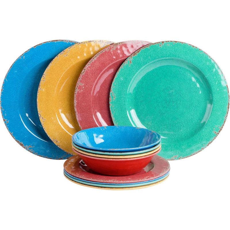 Ensemble 12 pièces de vaisselle en mélamine - couleurs assorties, motif décalque craquelé, durable et léger pour les repas à l'intérieur et à l'extérieur 