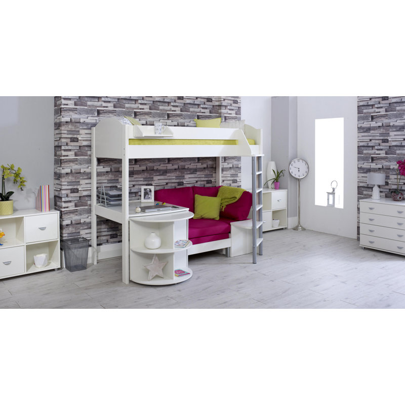 Melodie European Single (90 x 200cm) High Sleeper Loft Bed Bed with Bookcase, Pink, White