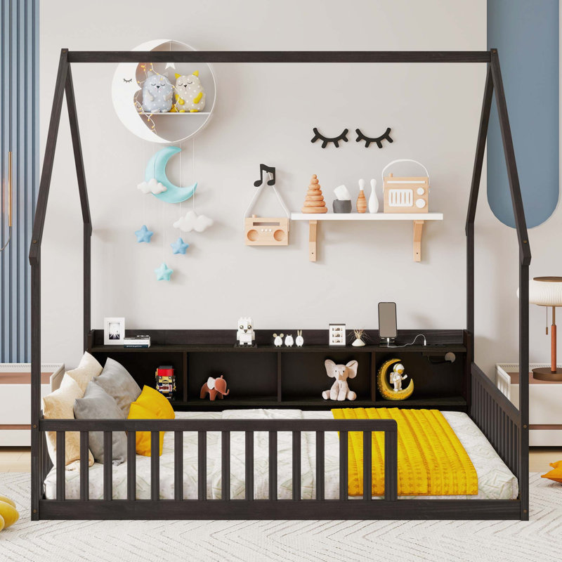 Lit de maison avec rangement intégré, éclairage DEL et station de charge, Espresso