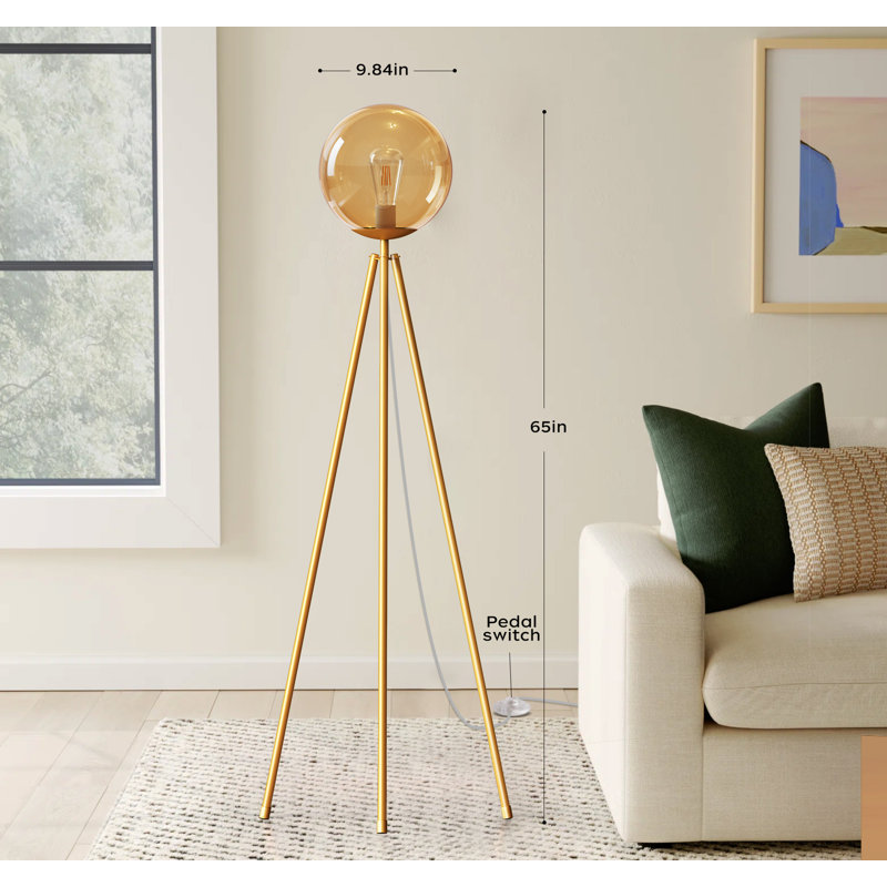 65'' Modern Tripod Floor lamp with Glass Shade，Gold Standing Lamp with LED Bulb for Living Room
