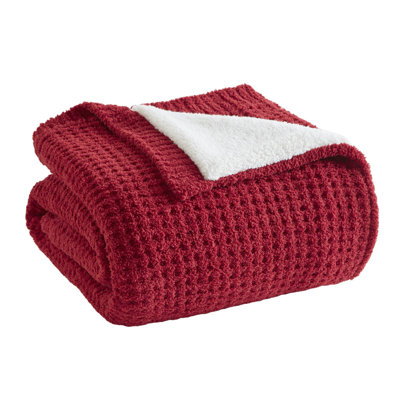 Rowan Red Waffle Knit Chenille Sherpa Reverse Cozy Soft 50x60" Throw