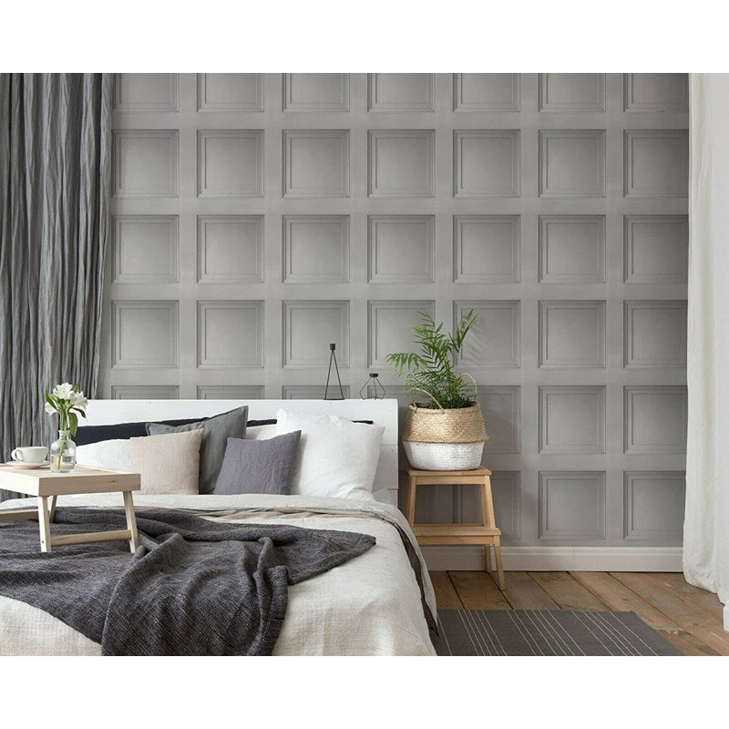 Wood Panel Effect Grey Wallpaper Realistic Square Panelling Flat Finish 3D - Paste The Wall Wallpaper For Feature Wall - Designer Thick Solid Heavy Duty Textured Wallpaper