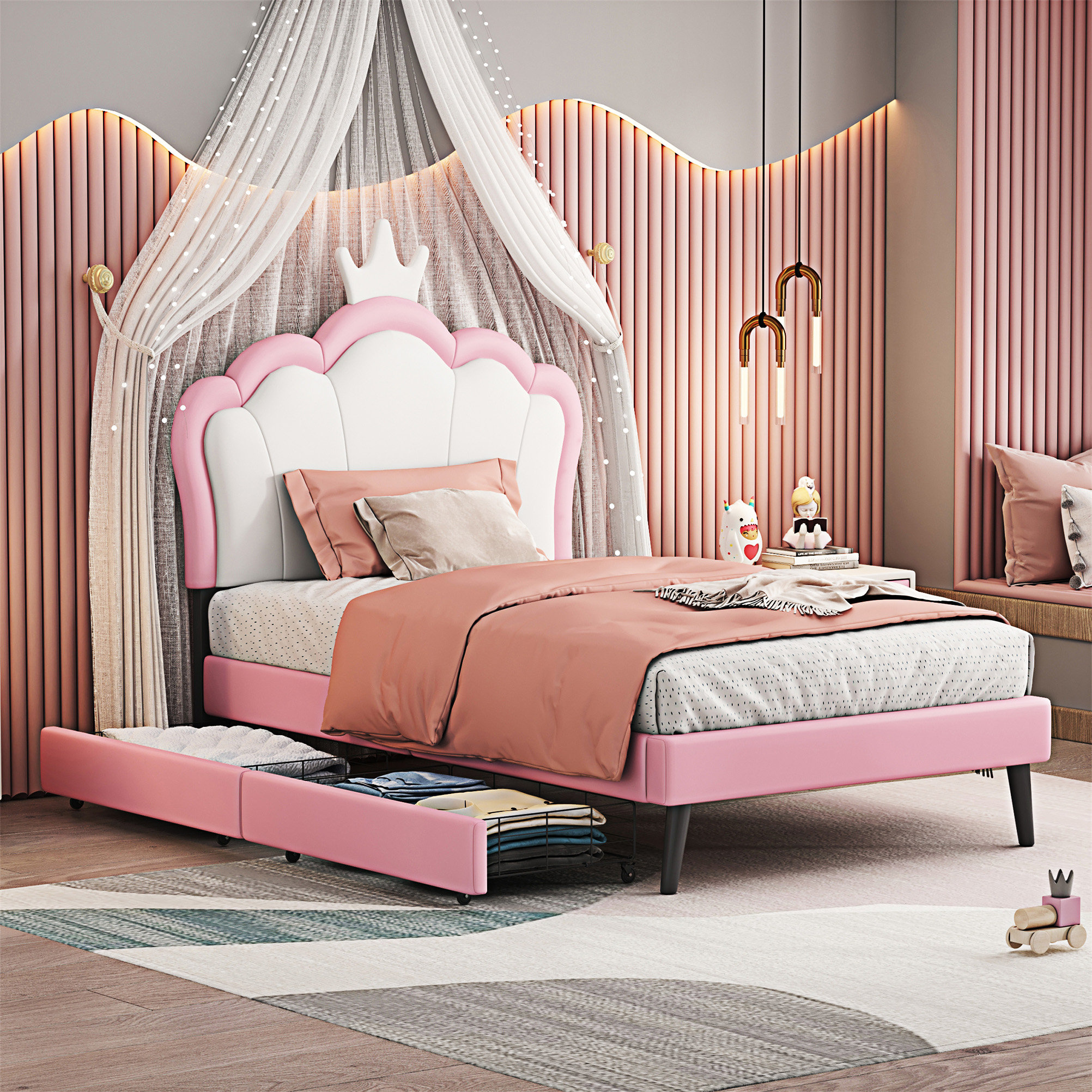 Zoomie Kids Full Size Princess Bed With Crown Headboard And 2 Drawers ...