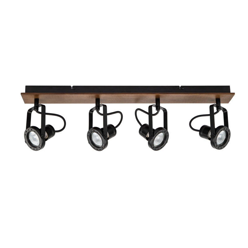 Riverton 4 Light Industrial Matt Black Spotlight with Walnut Finish Wooden Backplate, 62x7x17cm, 4xGU10. Max. 10W LED (Bulb not included)
