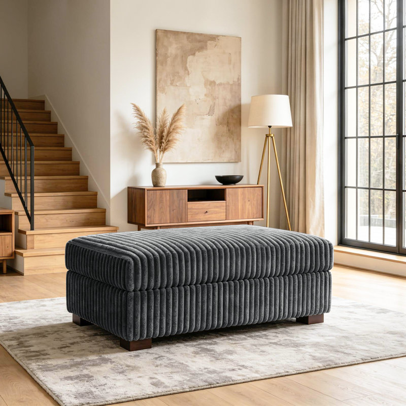 Upholstered Gray Faux Rabbit Fur Flannel Rectangle Ottoman, Single Ottoman Modular Part For Sectional Sofa, Gray