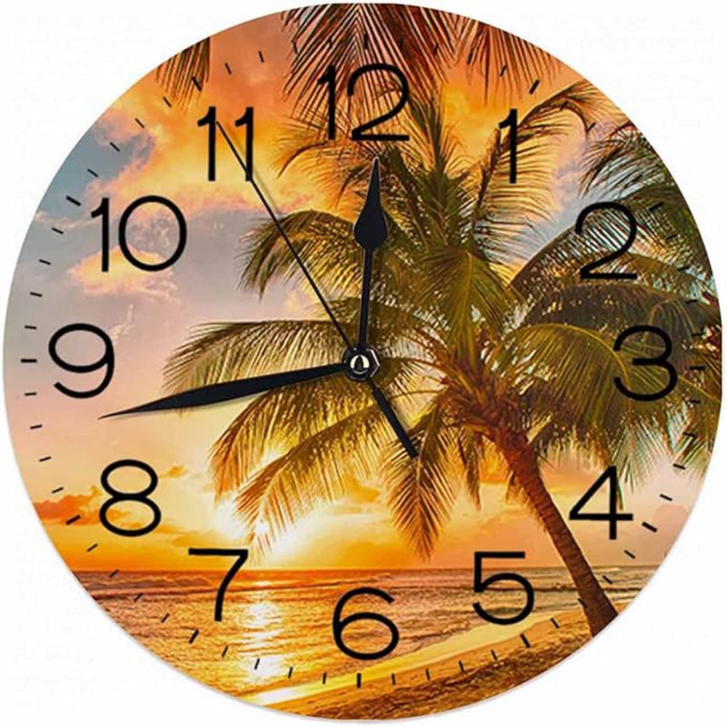 Numland-Sunset Hawaii tique silencieuse ronde horloge murale batterie horloge murale rétro décoration, bureau à domicile école décoration murale