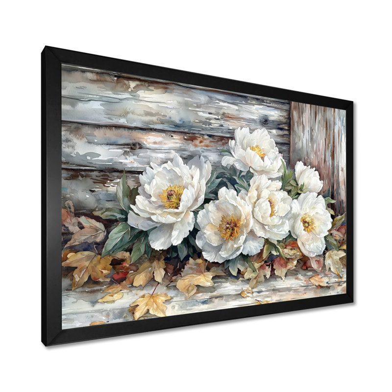Pe pivoines près de la grange d'automne - pivoines, art mural sur toile, H 24 po x l 32 po, Encadrement argenté
