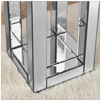 Mirrored End Table Square With Crystals Inlay, 2-Tier Modern Small Sofa Table With Storage, Silver Accent Table For Living Room, Bedroom, Coffee, And Small Spaces 11.8"D X 11.8"W X 26"H