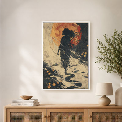 Flowing Hair Woman Walking Flowers Canvas Wall Art with Floating Frame, Ready to Hang