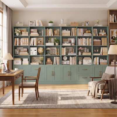 Ensemble de 2 bibliothèques triple H 71,3 po x l 58,7 po - 12 tablettes ouvertes + 2 armoires + 2 tiroirs avec 5 options de couleurs pour le salon, le bureau et la chambre à coucher