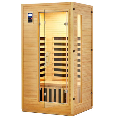 Sauna, sauna sec à infrarouge en bois pour 1 personne avec 6 plaques chauffantes en cristal de carbone, deux contrôleurs, lumière de chromothérapie et haut-parleur Bluetooth, panneaux muraux en fer canadien pour spa intérieur