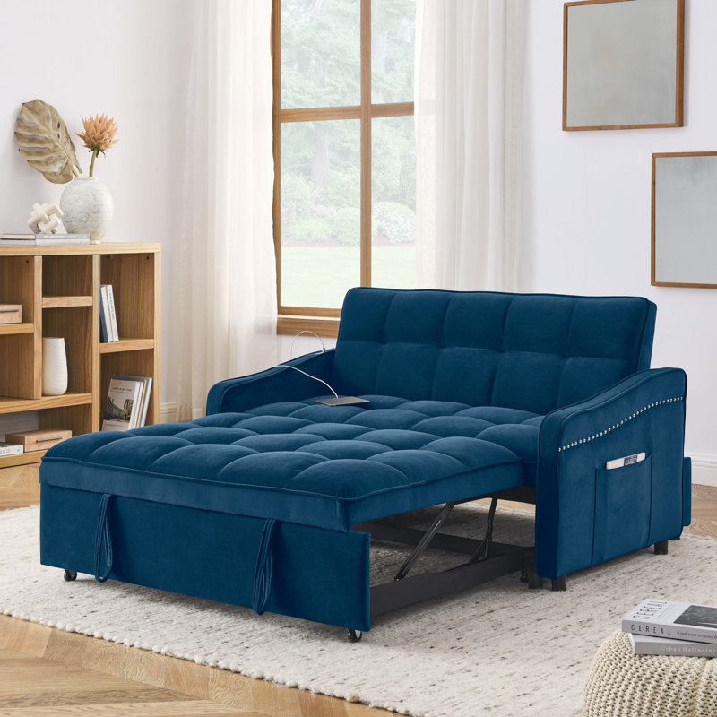 Canapé convertible moderne avec lit escamotable, Velours bleu