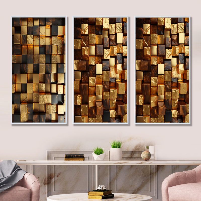 Cubes abstraits noirs et dorés I - Ensemble de 3 reproductions de toiles géométriques abstraites, H 28 po x l 36 po