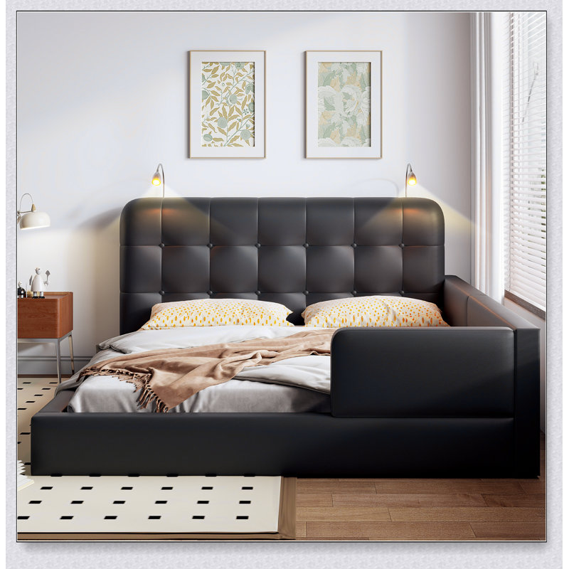 Lit plateforme tapissier avec 2 lampes de lecture, Noir