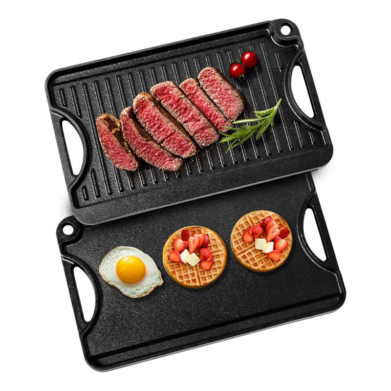 Reversible Grill/Griddle, 14"x8.5", Pre-Seasoned Cast Iron, 1 Piece, Rectangular Pan, Black, Indoor/Outdoor Use