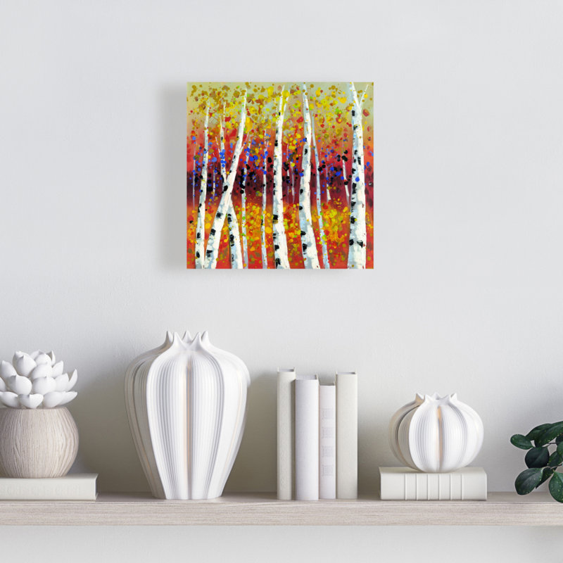 Toile jaune contemporaine avec arbres et bouleaux colorés