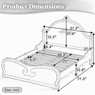 Vintage Carved Platform Bed with Headboard, Solid Wood Bed Frame with Slatted Support, Low Profile Platform Bed for Kids and Teens, No Box Spring Needed