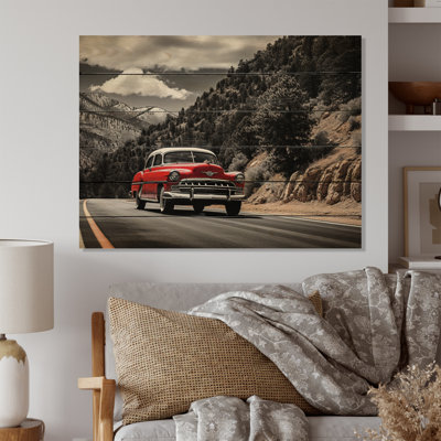 Voiture rétro rouge, impression rétro sur bois