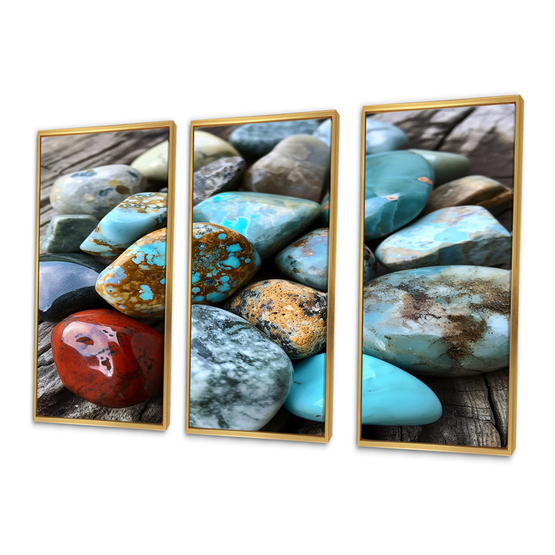 Composition de roches turquoise et turquoise, Cadre flottant doré, H 28 po x l 36 po x P 1 po