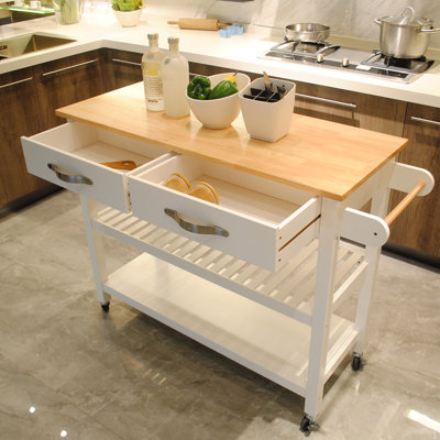 Kitchen Island, Open Shelves And P2 Grade Density Board Construction Island Trolley, Ample Storage Lockable