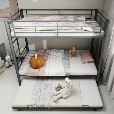 Lit superposé simple en métal argenté, très résistant et, réduction du bruit, garde-corps, sans sommier, peut être converti pour les espaces restreints, antidérapant, matelas spacieux, limite de 350 lb, assemblage sans tracas