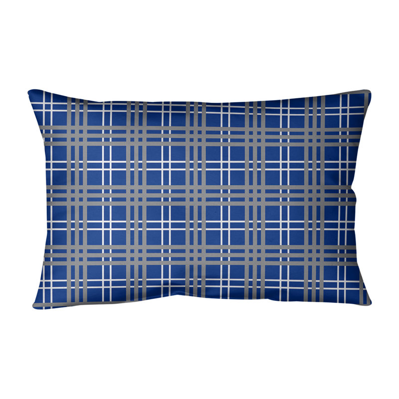Plaid Leather/Suede Reversible Throw Pillow, Blue/White/Silver, Poly Twill