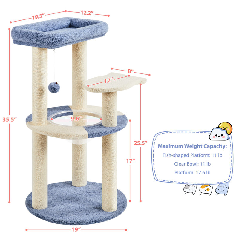 Gillispie Cat Tree with Clear Bowl, Blue/Beige