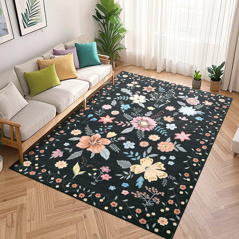 Floral Machine Washable Rug for Living Room Romantic Indoor Carpet for Home Decor Aesthetic Non-Slip Rug for Bedroom Dining Room Office Nursery Playroom Teen Dorm