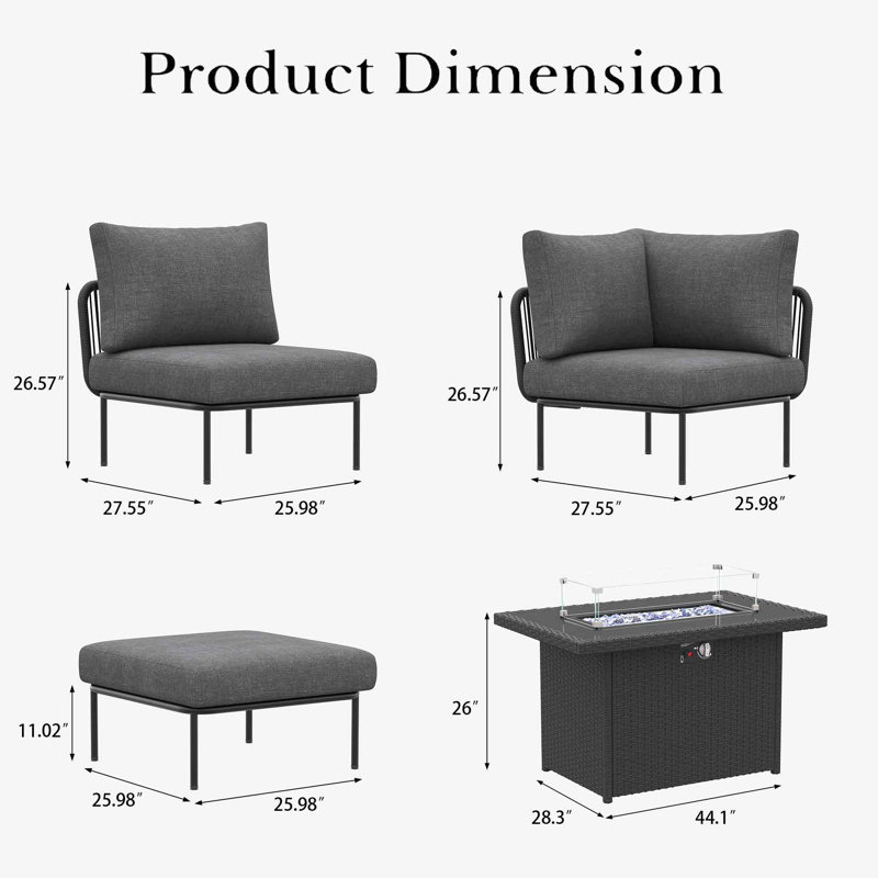 Ebern Designs 11 Pieces Aluminum Patio Furniture Set, Modern Modular Sectional Sofa with Fire Pit Table and Upgrade Thickness Cushion