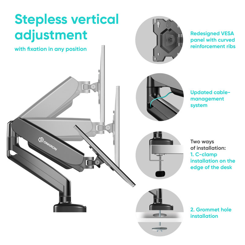 Black Full-Motion Gas Spring Monitor Desk Mount with Riser