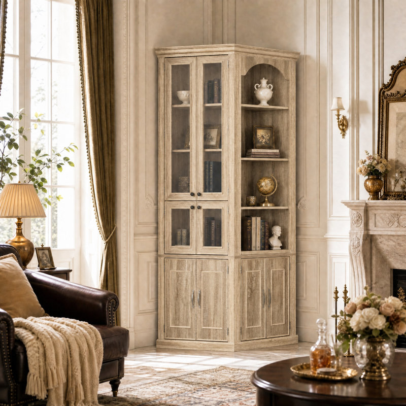 Vitrine d'angle de 90,3 po de hauteur avec éclairage DEL intégré, portes vitrées et étagères réglables, Beige