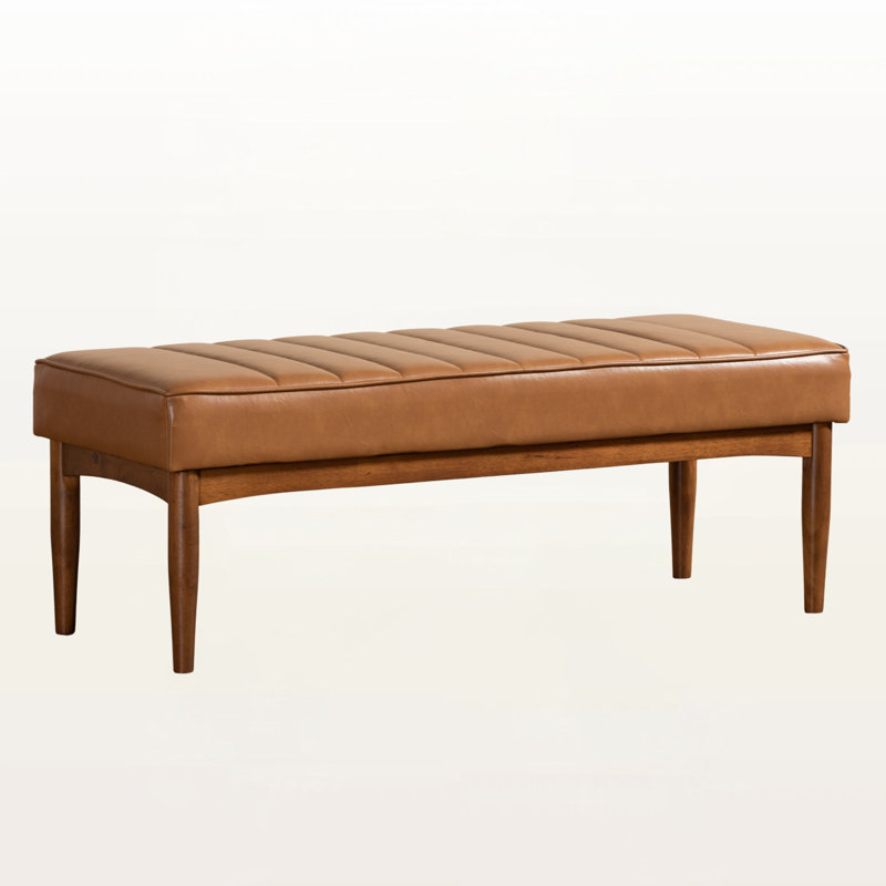 Hilley Bench in Dark Tan Faux Leather & Walnut Finished Wood, 17.3'' H X 47'' W X 17.7'' D, Brown