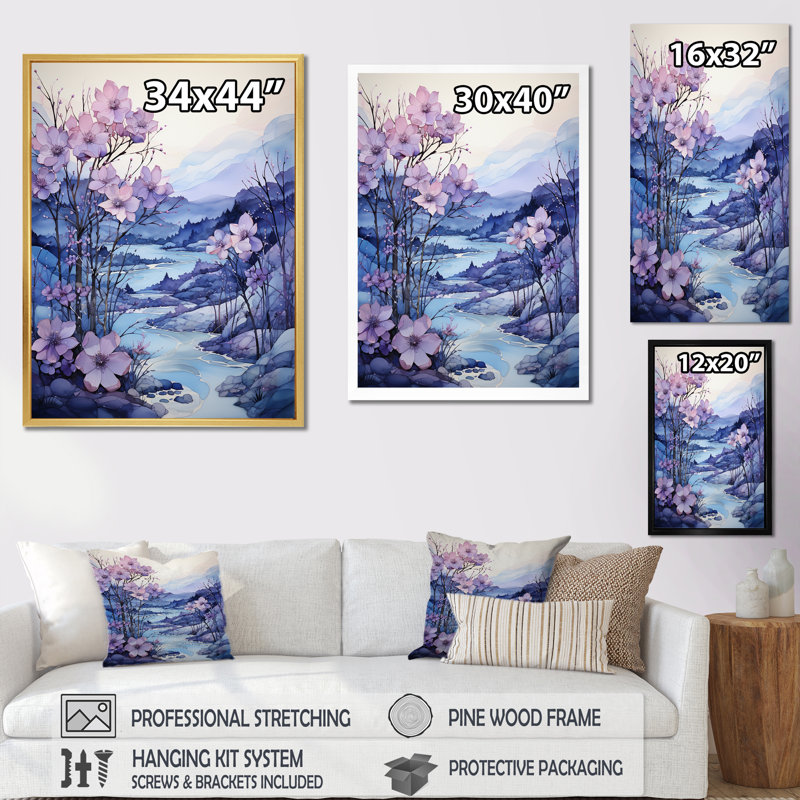 «Frosty Blue River Landscape I», reproduction sur toile, Cadre flottant blanc, H 32 po x l 16 po