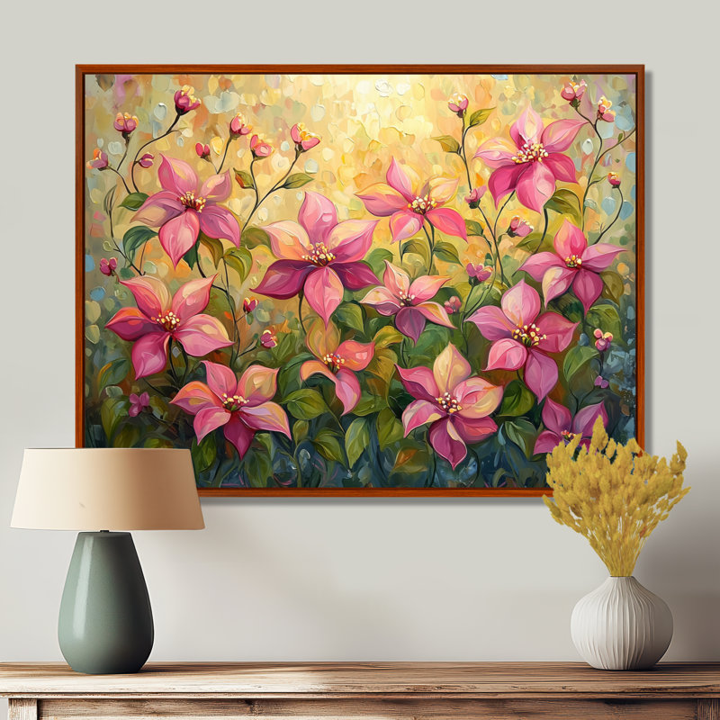 «Spring Poinsettias Festive Petal Dance II», art mural poinsettias, H 30 po x l 40 po, Cadre flottant brun