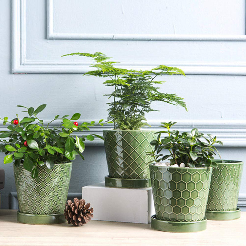 5 inch Ceramic Flower Pot with Tray Set of 4, Patina