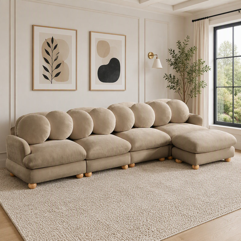 Canapé modulaire modulaire avec revêtement en chenille et repose-pieds mobile, Chenille brun clair