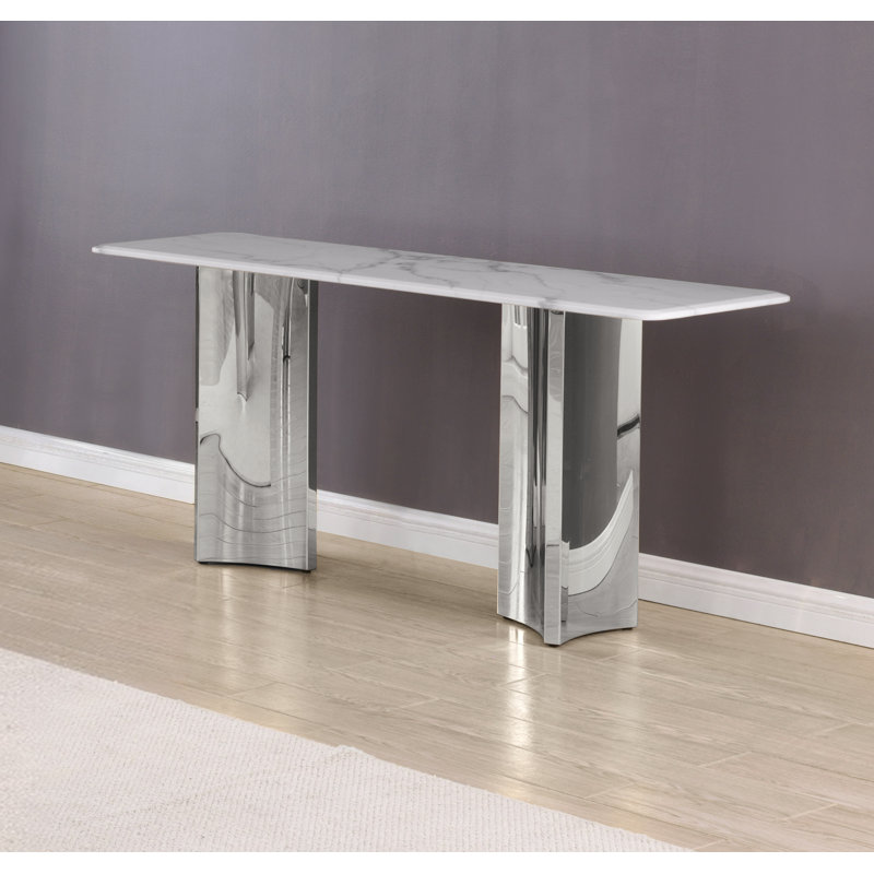 Console en marbre blanc avec base en acier inoxydable, Argent argent