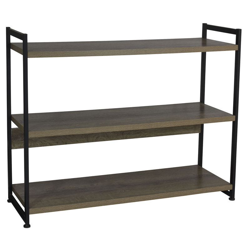 Gateshead Jamestown Wide 3 Shelf Open Storage Bookshelf Rustic Wood Grain and Metal, Ashwood