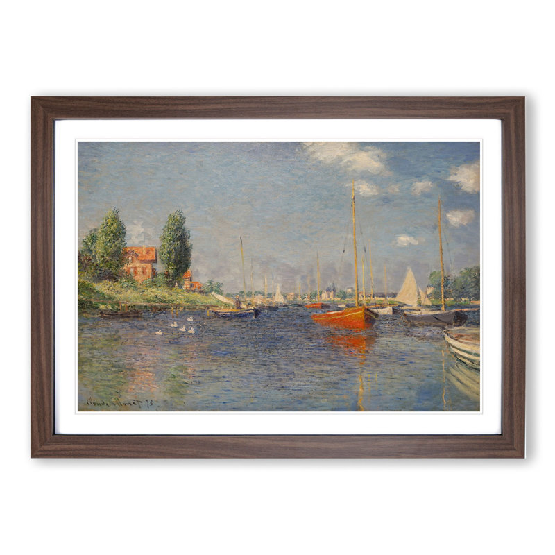 Red Boats in Argenteuil by Claude Monet - Picture Frame Painting on MDF, Walnut Framed, 36cm H x 48cm W x 2cm D