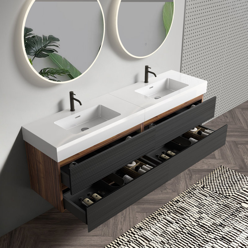 Meuble-lavabo 72 po (36 po * 2) avec lavabo à quartz d'ingénierie et tiroirs souples, meuble-lavabo mural flottant, lavabo une pièce, KD