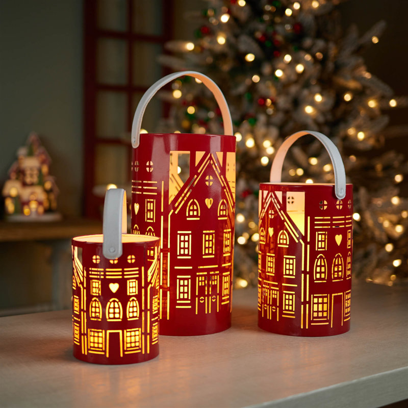 Punched Metal House Lantern, 6.5" H x 5" W x 5" D, Red