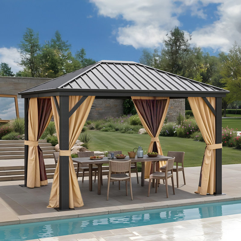 12 Ft. W x 10 Ft. D Aluminum Patio Gazebo wiith Brown Curtains, 12 Ft. W x 10 Ft. D