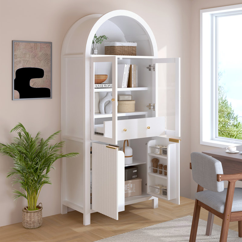 Fluted Tall Arched Pantry Cabinet with Adjustable Shelves, Elegant Display Storage with Hidden Drawer & Glass Door for Kitchen, Living Room, Dining Room