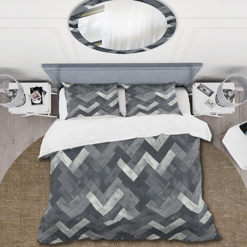 Ensemble de housse de couette White Herringbone Print II - Midcentury, Housse de couette très grand + 2 taies décorativ
