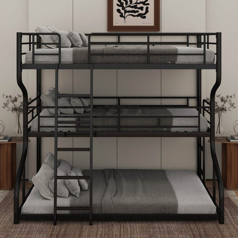 Full XL Over Twin XL Over Queen Size Triple Bunk Bed With Long And Short Ladder, Black