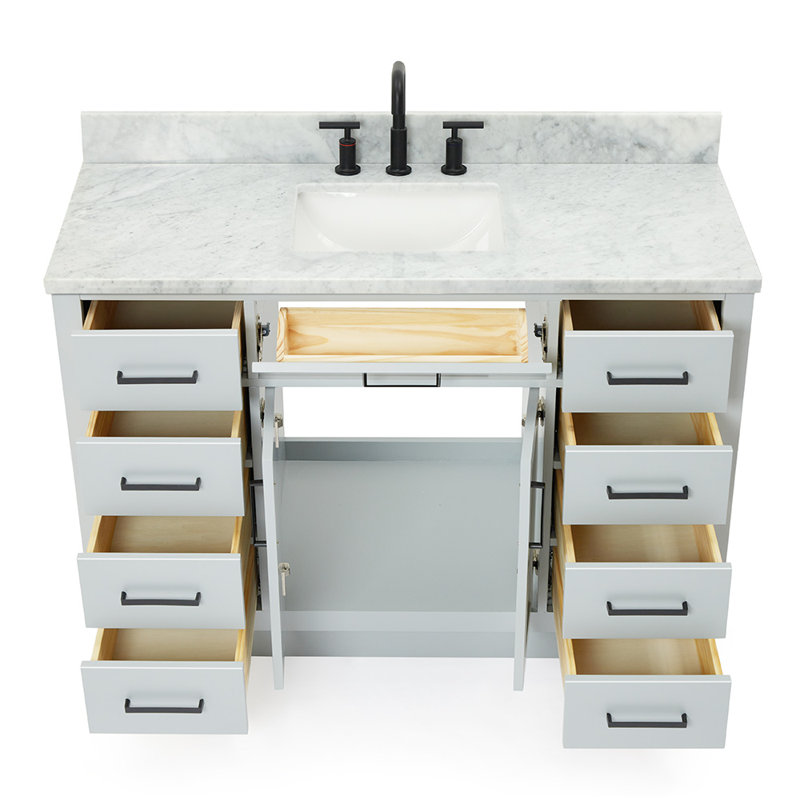 Jameal 48'' Solid Wood Single Bathroom Vanity with 0.75'' Carrara Marble Top Sink, Rectangular, Gray, 48"