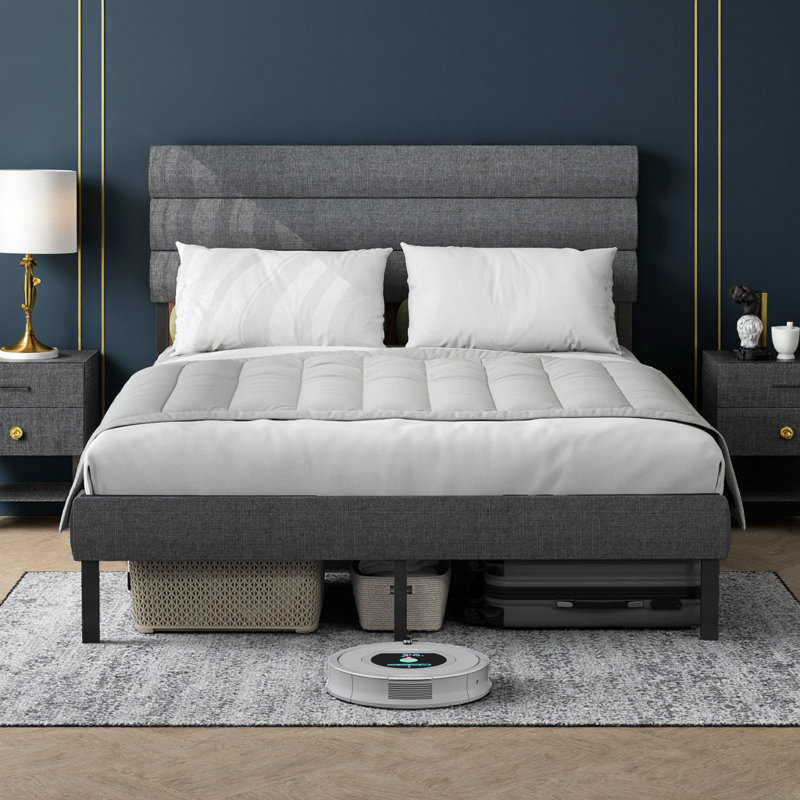 Structure de lit plateforme double avec tête de lit tapissier, aucun sommier requis, espace de rangement sous le lit de 14 po, gris et noir